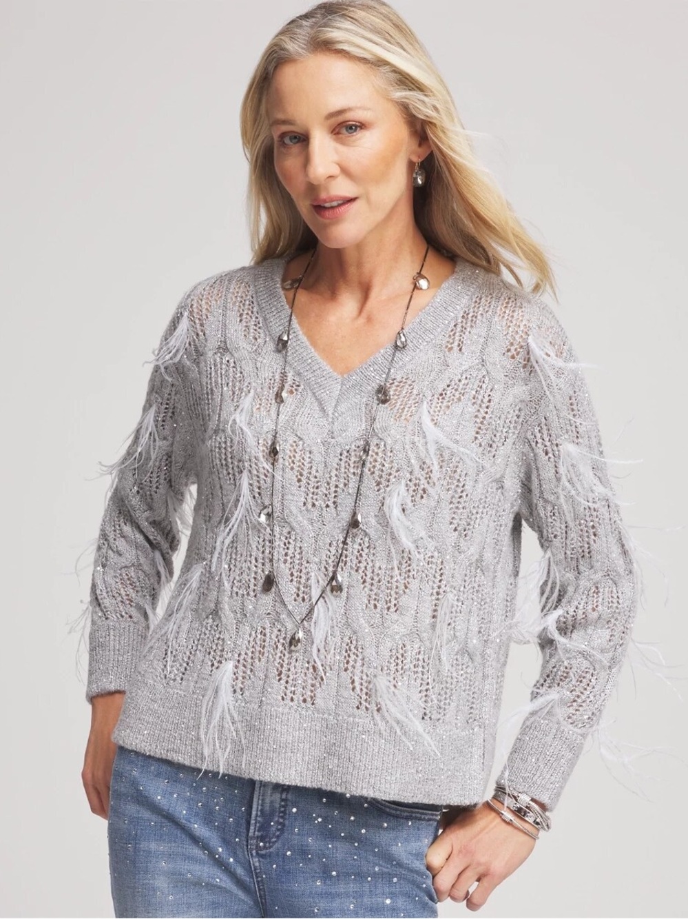 Chico's Feathered Grey Sparkle Knit V Neck Sweater Size Large